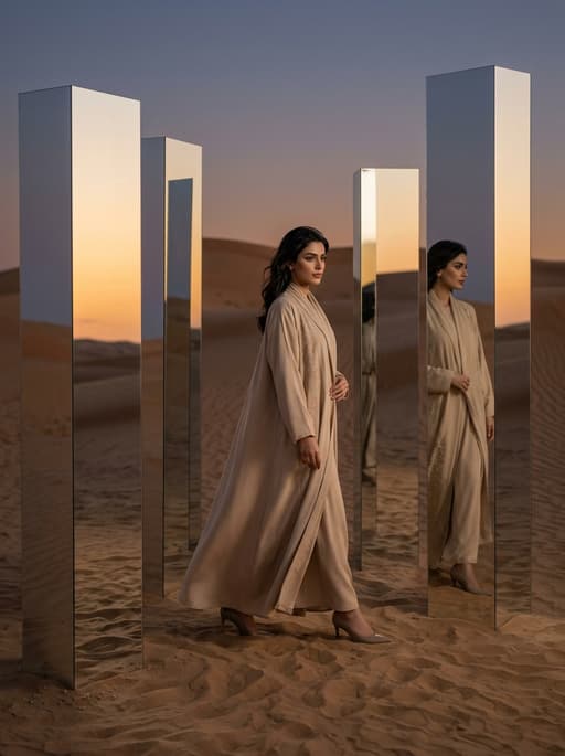 AI product photography scene — abaya beige mirrors dunes | rawbit AI product photography scene — abaya beige mirrors dunes | rawbit