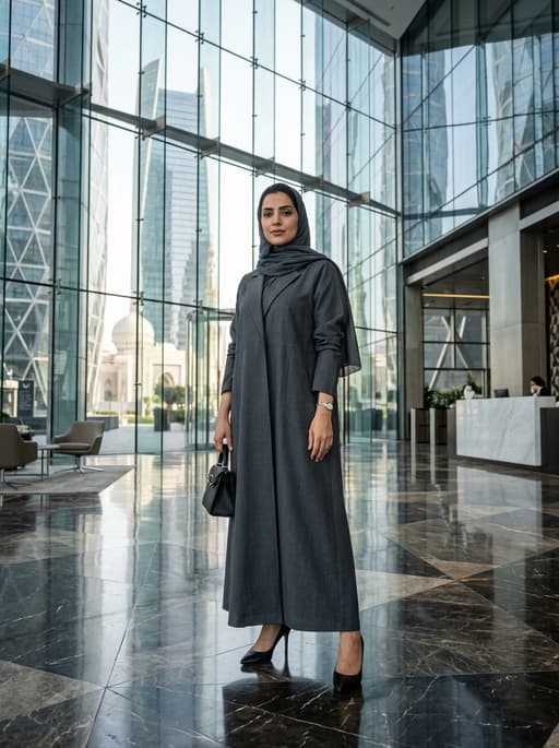 AI product photography scene — abaya grey glass skyscraper lobby | rawbit AI product photography scene — abaya grey glass skyscraper lobby | rawbit