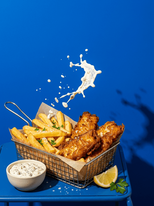 AI product photography scene — food fish and chips basket tartar splash | rawbit AI product photography scene — food fish and chips basket tartar splash | rawbit