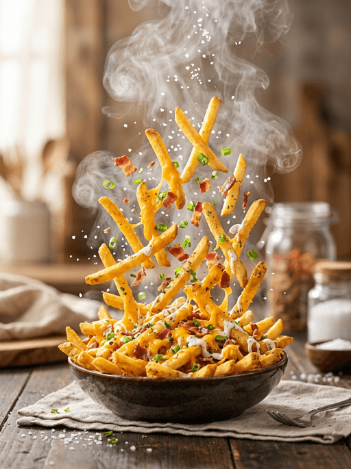 AI product photography scene — food loaded cheese fries rustic steam | rawbit AI product photography scene — food loaded cheese fries rustic steam | rawbit